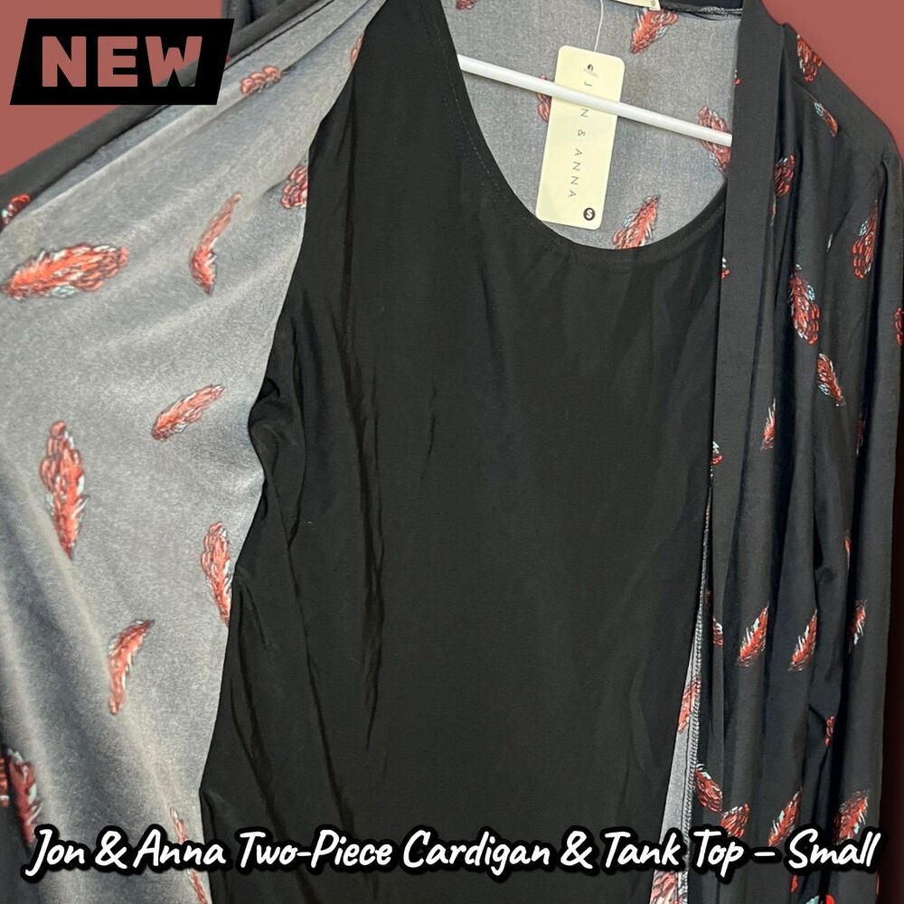 New Jon & Anna Layered Cardigan Tank Top – Black Feather Print – Size Small - Picture 3 of 7